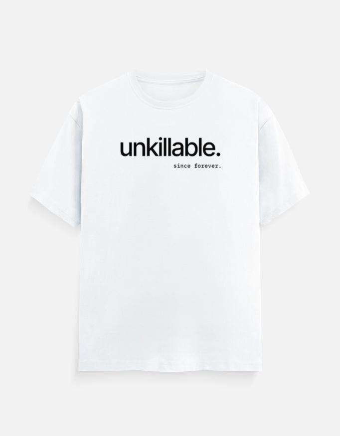“unkillable. since forever.” minimal typography t-shirt in white by Halant, front