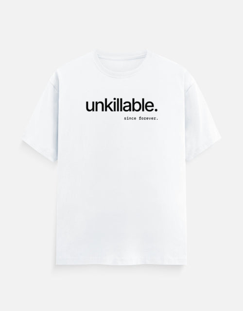 “unkillable. since forever.” minimal typography t-shirt in white by Halant, front